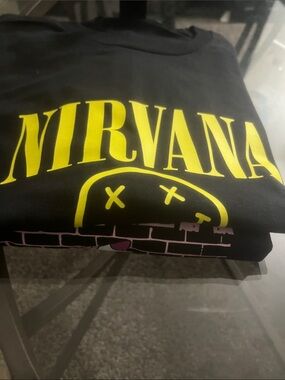NIRVANA Black Tee with Yellow Logo and Pink Brick Detail
